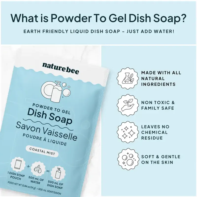 Refill Dish Soap - Powder To Gel , Coastal Mint / Nature Bee