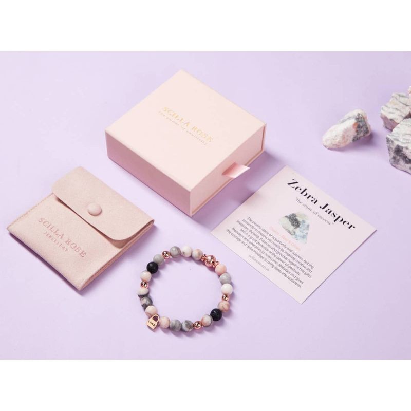 Diffuserarmbånd med krystaller i gaveeske - rosa sebrajaspis og Love-charm, Scilla Rose